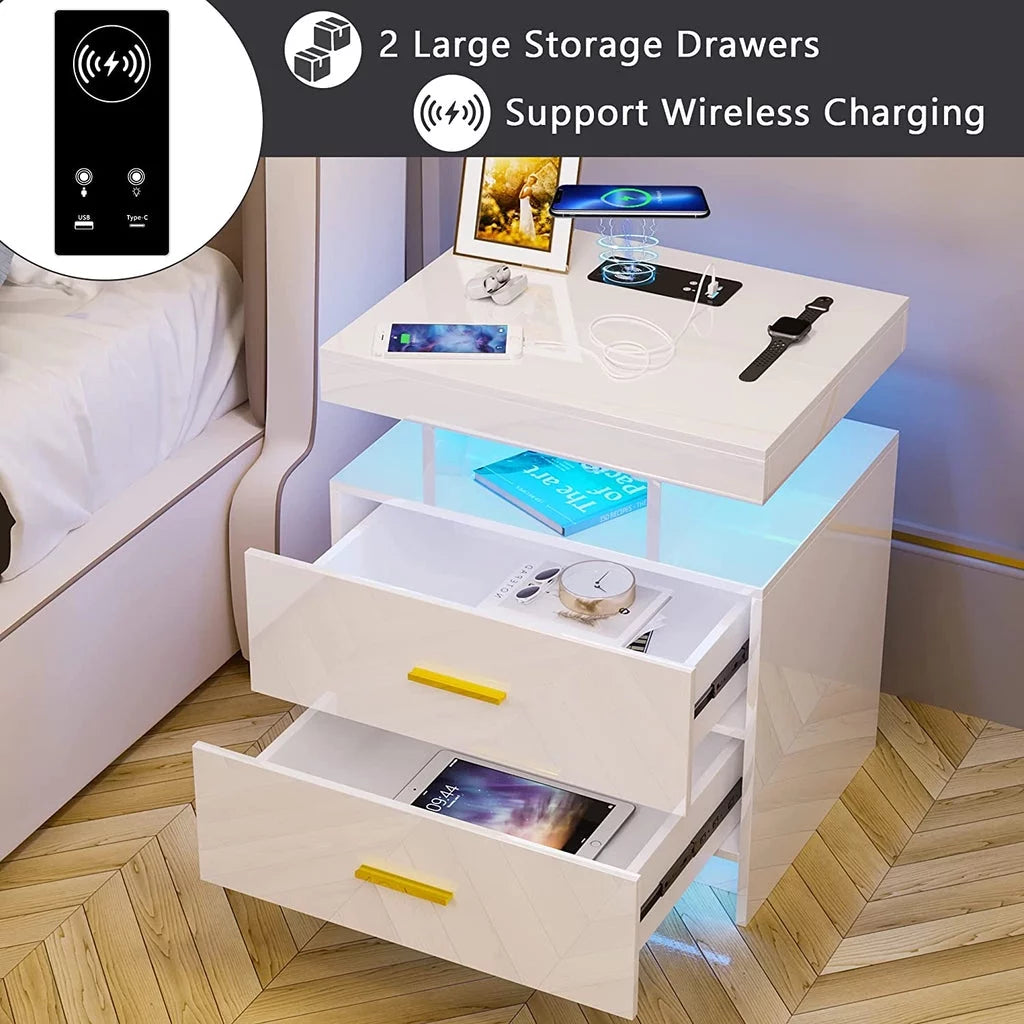 Black 2 Drawer LED Nightstand with Wireless Charging Station Z873334