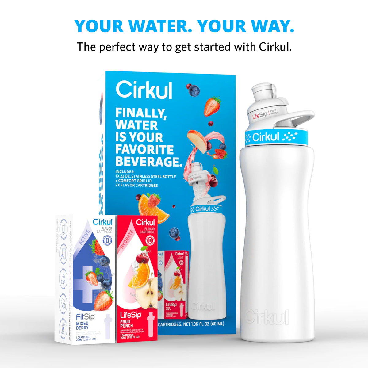 22 oz White Stainless Steel Water Bottle Starter Kit with Blue Lid and 2 Flavor Cartridges L1204