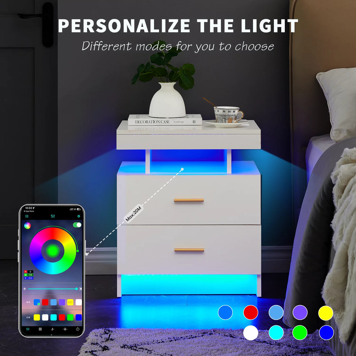Black 2 Drawer LED Nightstand with Wireless Charging Station Z873334