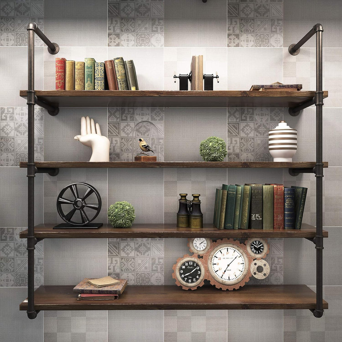 5 Tier Industrial Iron Pipe Wall Mount Bookshelf, 2 Pack 52 Inch W101503