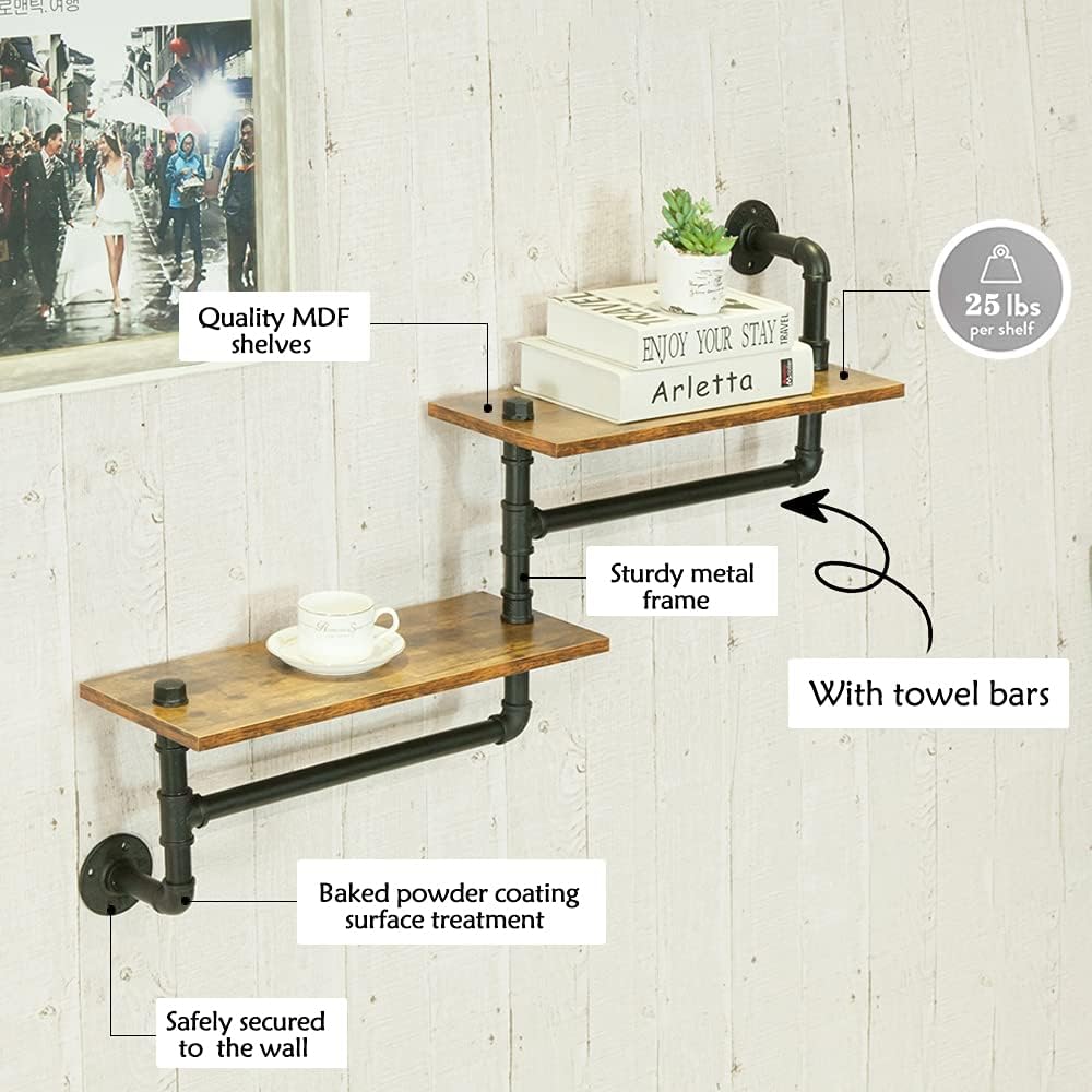 Rustic 2 Tier Wall Mounted Metal Shelves with Towel Bars X941126