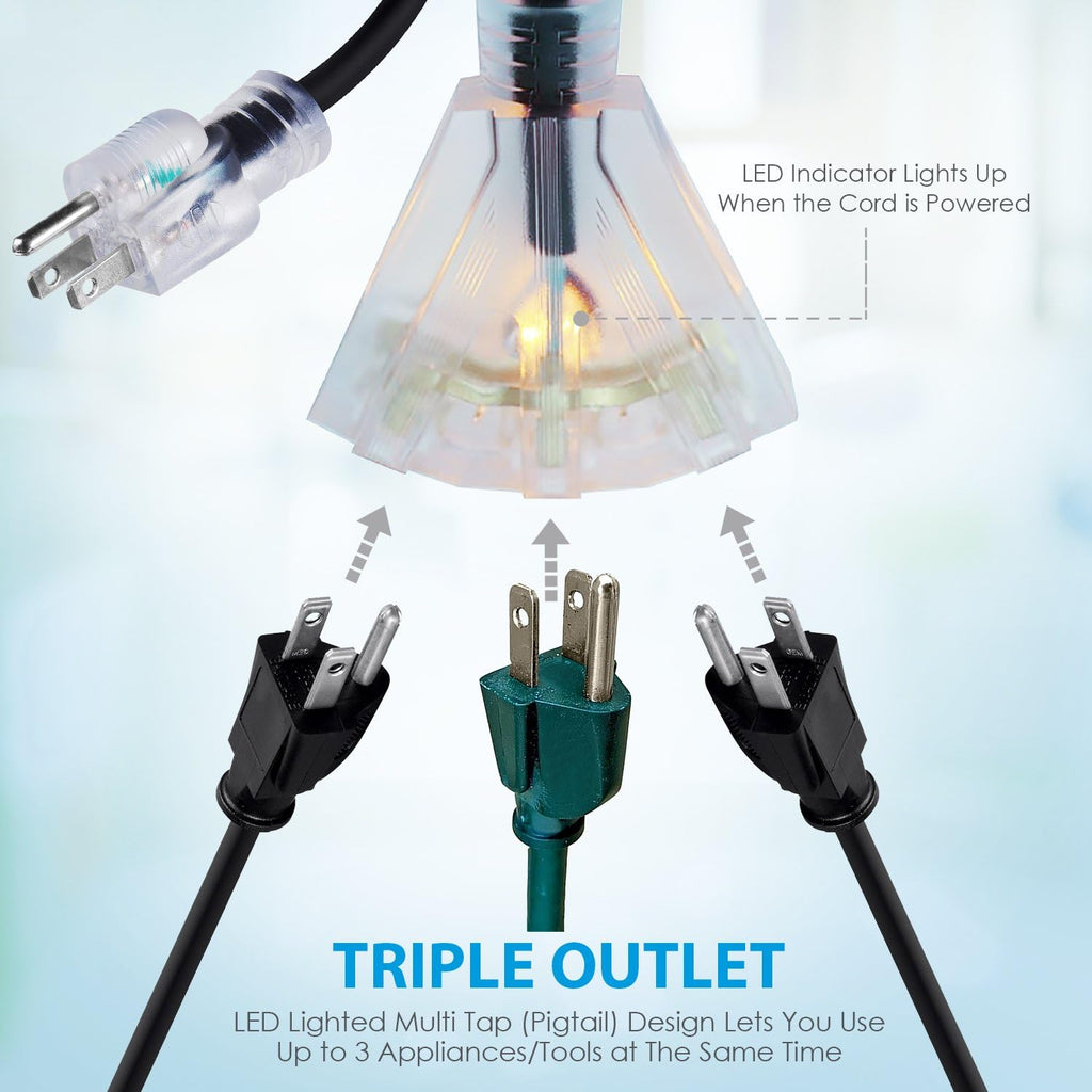 100 FT 14/3 Outdoor Extension Cord, Black Rubber Triple Outlet N501969