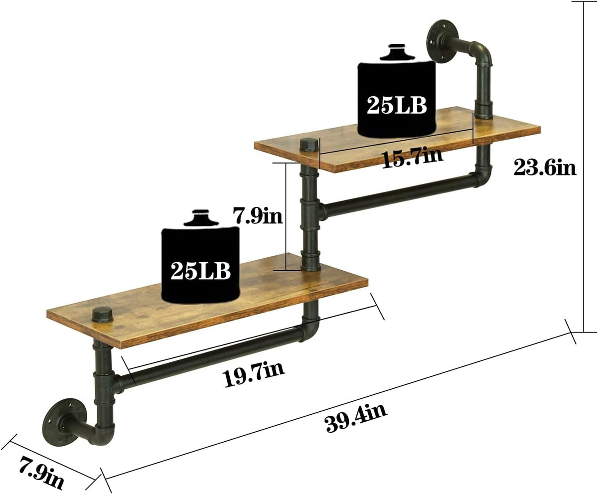 Rustic 2 Tier Wall Mounted Metal Shelves with Towel Bars X941126
