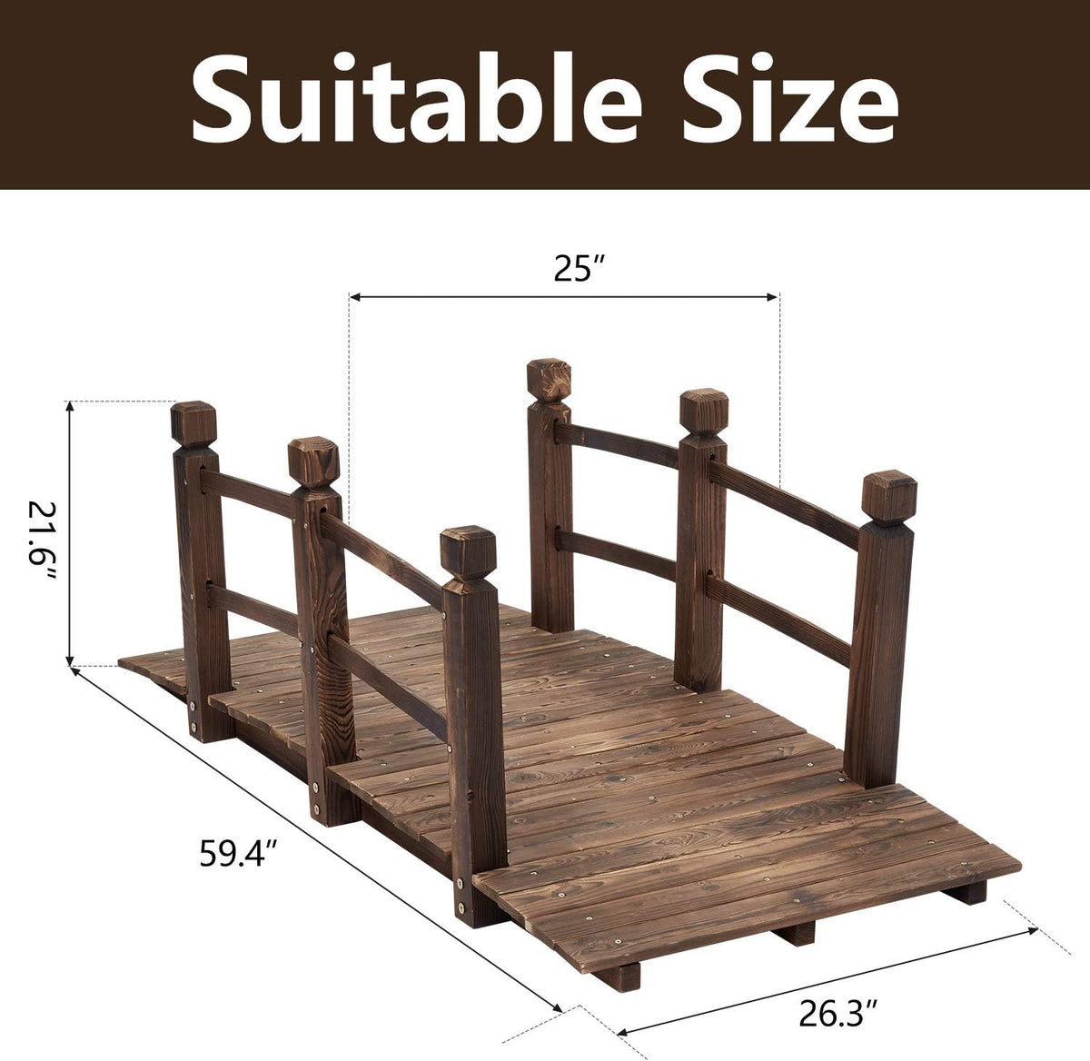 5 ft Wooden Garden Bridge with Safety Railings C186