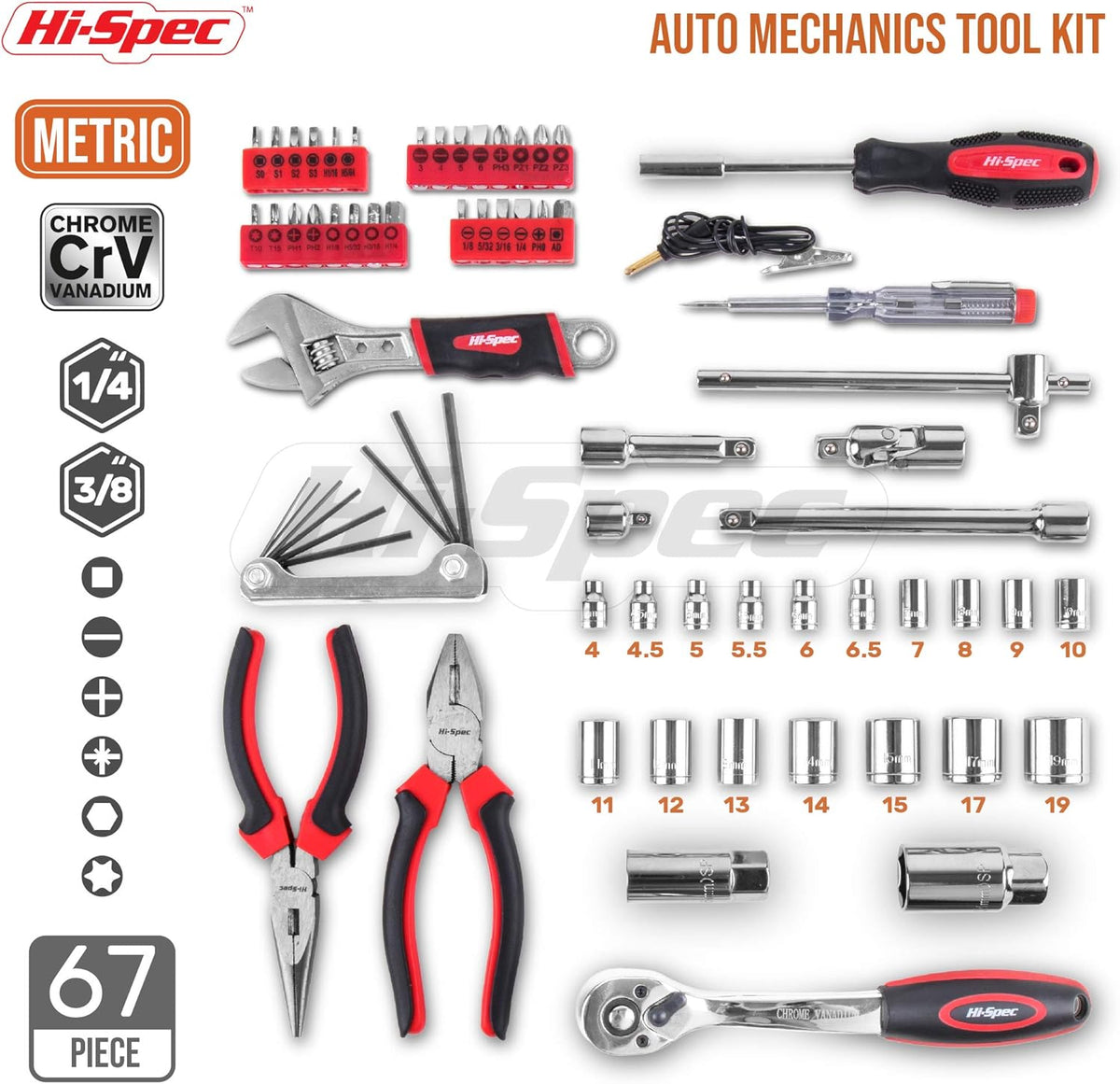 67 Piece Auto Mechanics Tool Kit with Metric Sockets, Ratchet Set & Tool Box T2838