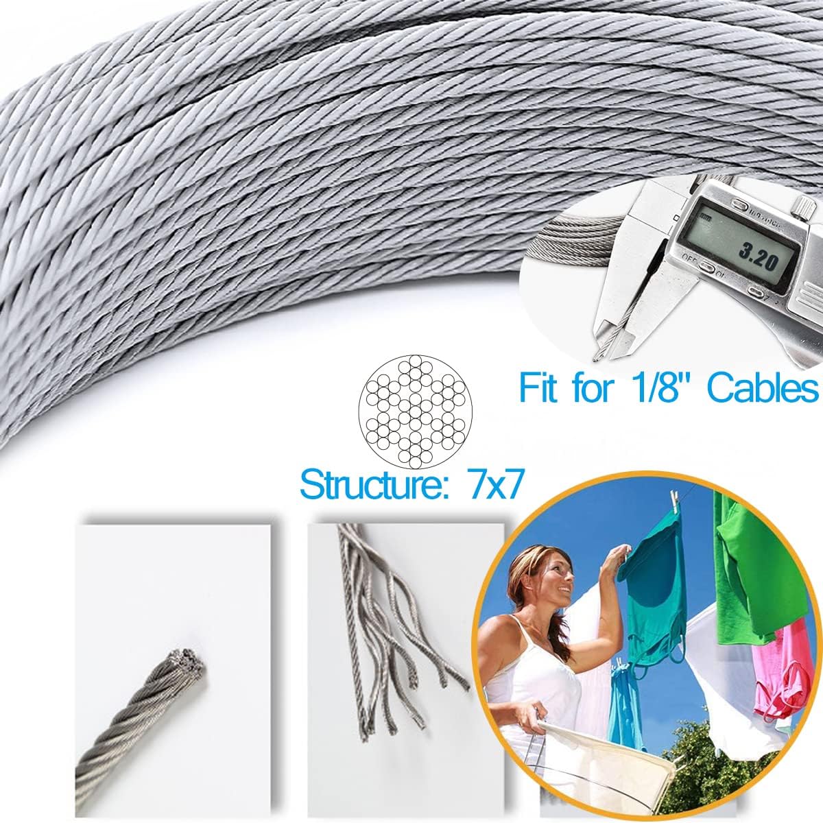 T316 Stainless Steel Cable 66FT 1/8" 7 x 7 Strands N13614