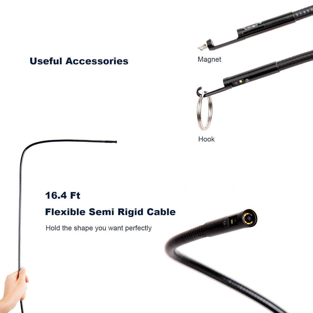 Triple-Lens Borescope Inspection Camera with Light, 1080P HD 7.9mm IP67 Waterproof, 16.4Ft Cable, 5 IPS Screen U45461