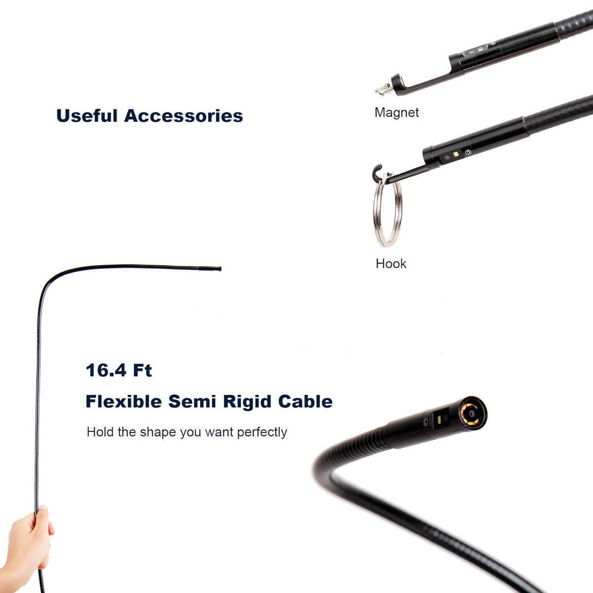 Triple-Lens Borescope Inspection Camera with Light, 1080P HD 7.9mm IP67 Waterproof, 16.4Ft Cable, 5 IPS Screen U45461