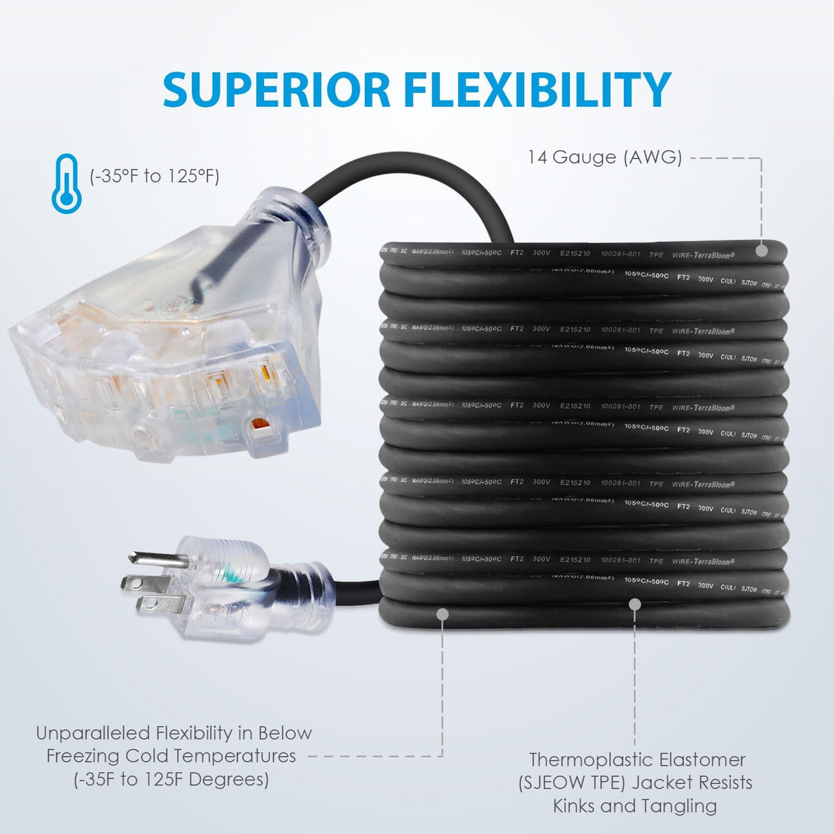 100 FT 14/3 Outdoor Extension Cord, Black Rubber Triple Outlet N501969