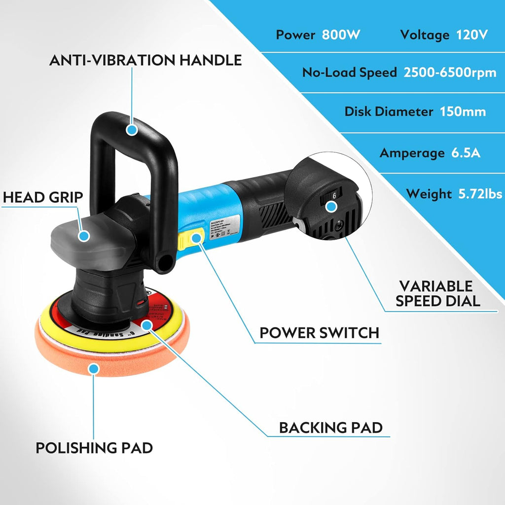 6-inch 800W Variable Speed Random Orbital Buffer Polisher F962