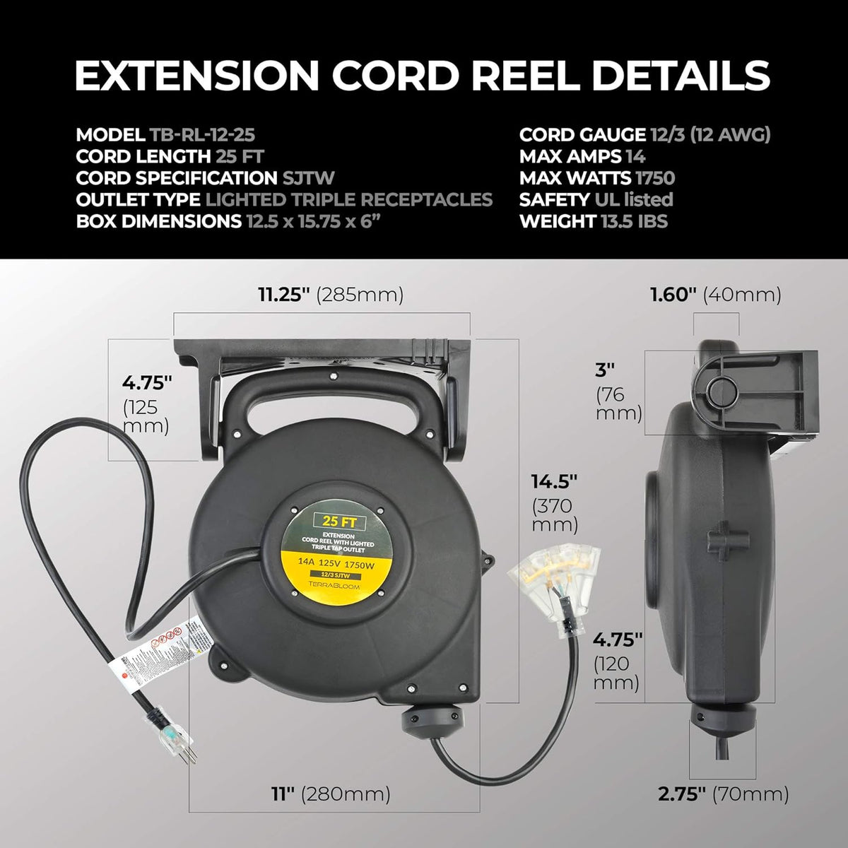 25 Ft 12/3 Retractable Extension Cord Reel with 3 Outlets J361