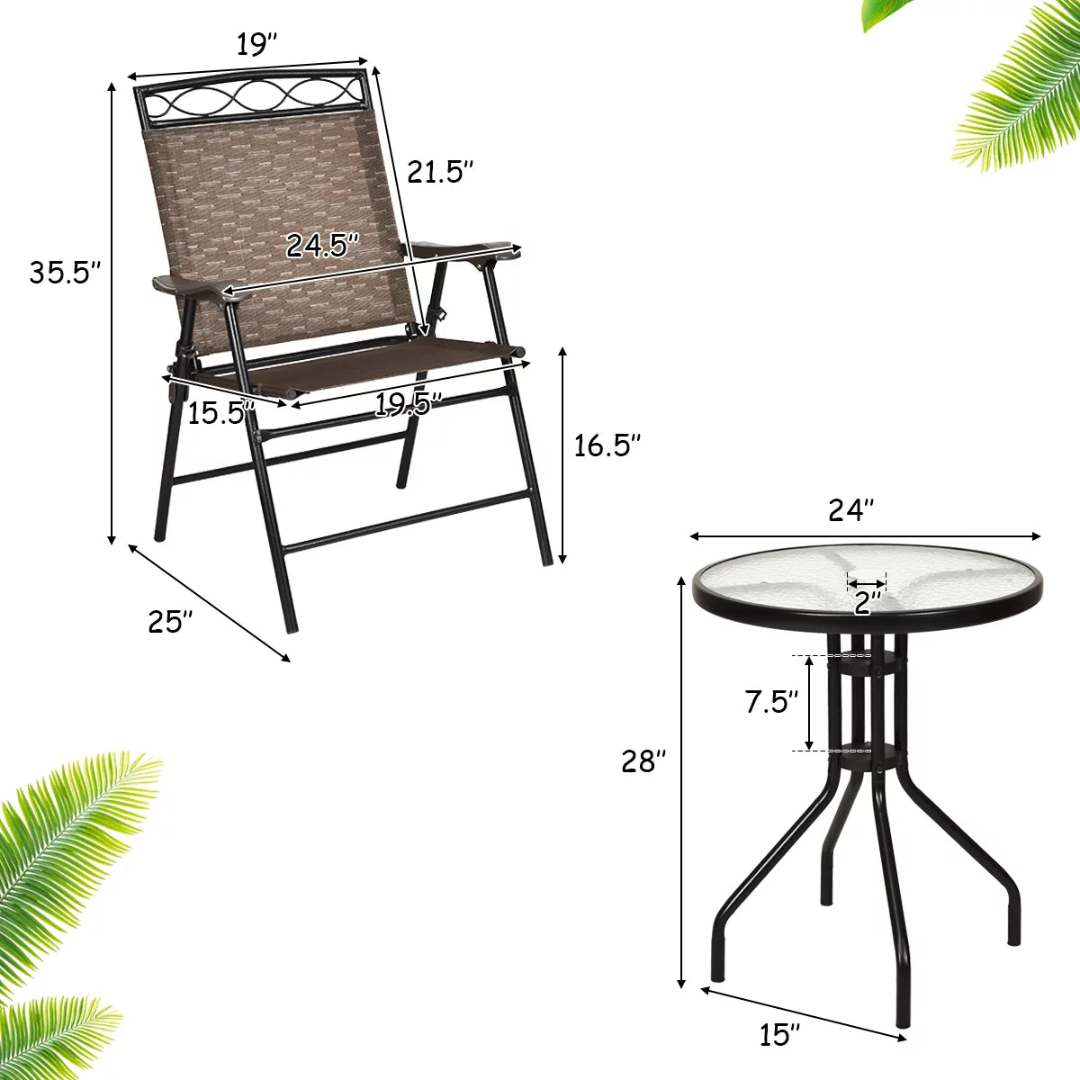 3 PCS Bistro Patio Dining Set with 2 Folding Chairs & Glass Table Q577705