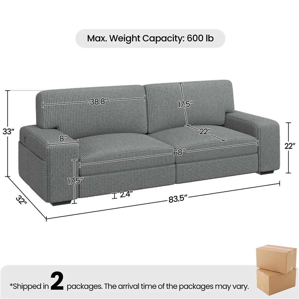 83.5'' W 2-Seater Corduroy Fabric Sofa Couch with USB Charging Ports, Ivory H797