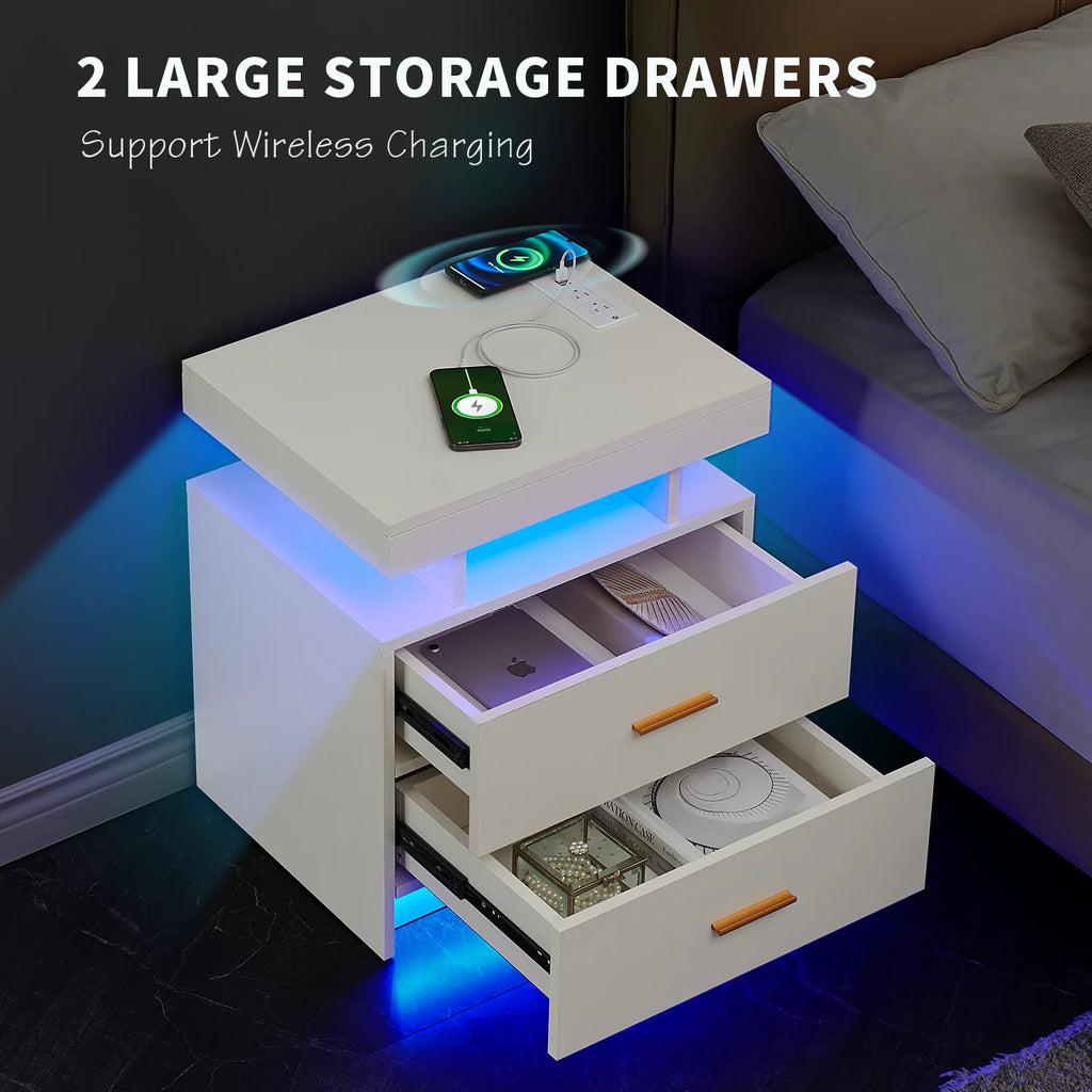 Black 2 Drawer LED Nightstand with Wireless Charging Station Z873334
