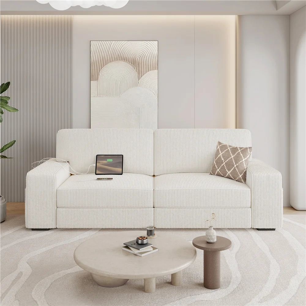 83.5'' W 2-Seater Corduroy Fabric Sofa Couch with USB Charging Ports, Ivory H797