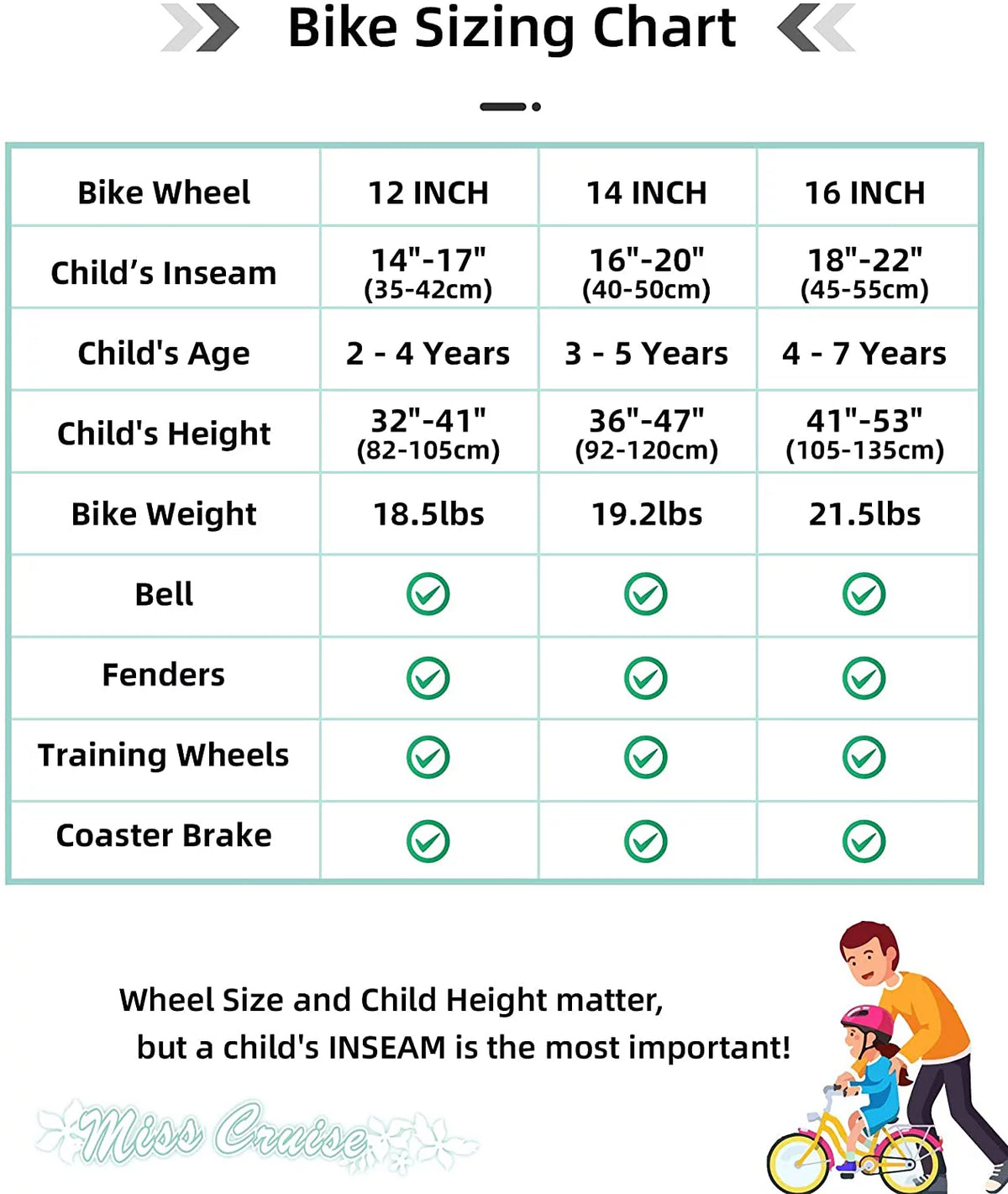 12 14 16 Kids Cruiser Bike with Training Wheels, Green J293