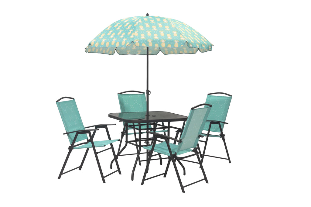 6 Pcs Blue Steel Folding Outdoor Dining Set with Umbrella N9380