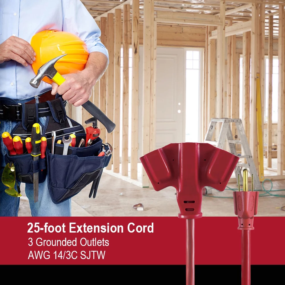 25FT 14AWG 3 Prong Red Triple Outlet Outdoor Extension Cord P46147