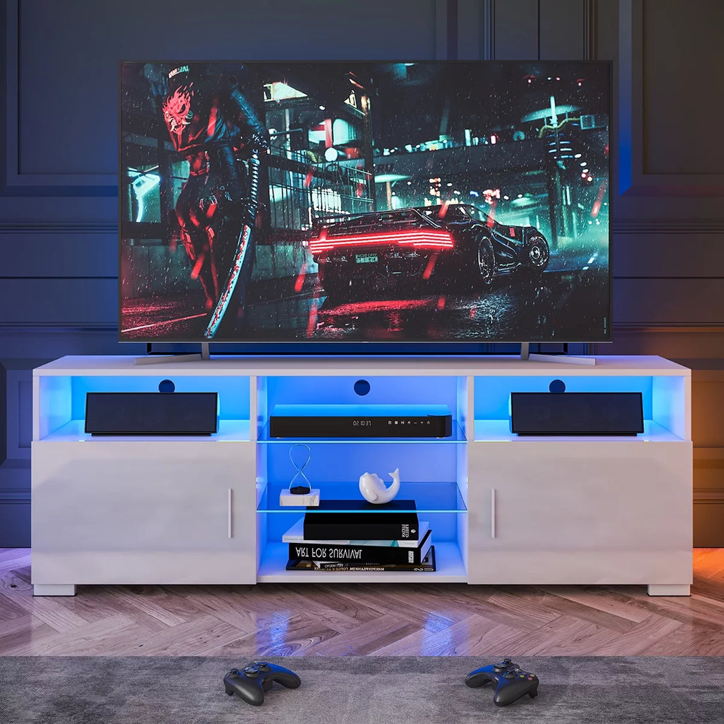 57'' TV Stand with RGB LED Light and Glass Shelves F5241