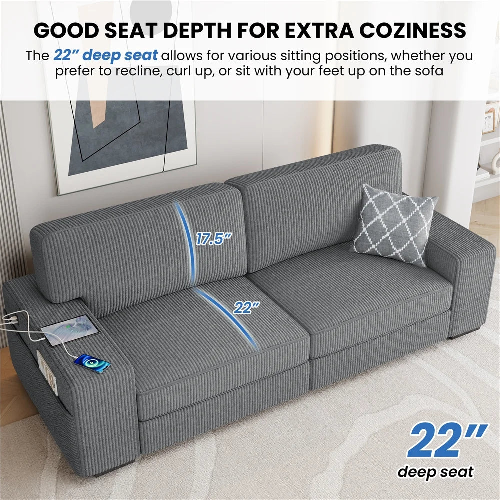 83.5'' W 2-Seater Corduroy Fabric Sofa Couch with USB Charging Ports, Ivory H797