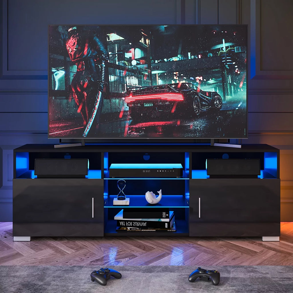 57'' TV Stand with RGB LED Light and Glass Shelves F5241
