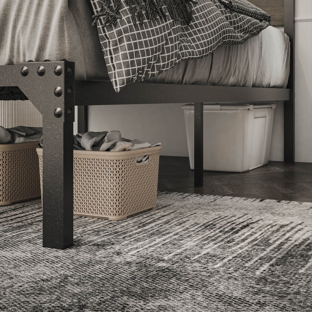 Queen Size Industrial Metal Platform Bed Frame with Wooden Rivet Headboard L75420