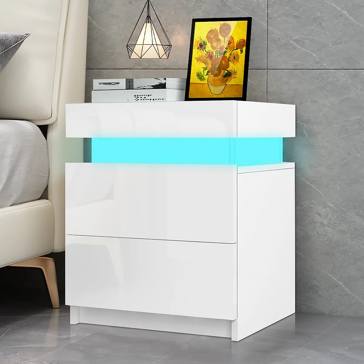 White 2 Drawer High Gloss Nightstand with LED Light G687721