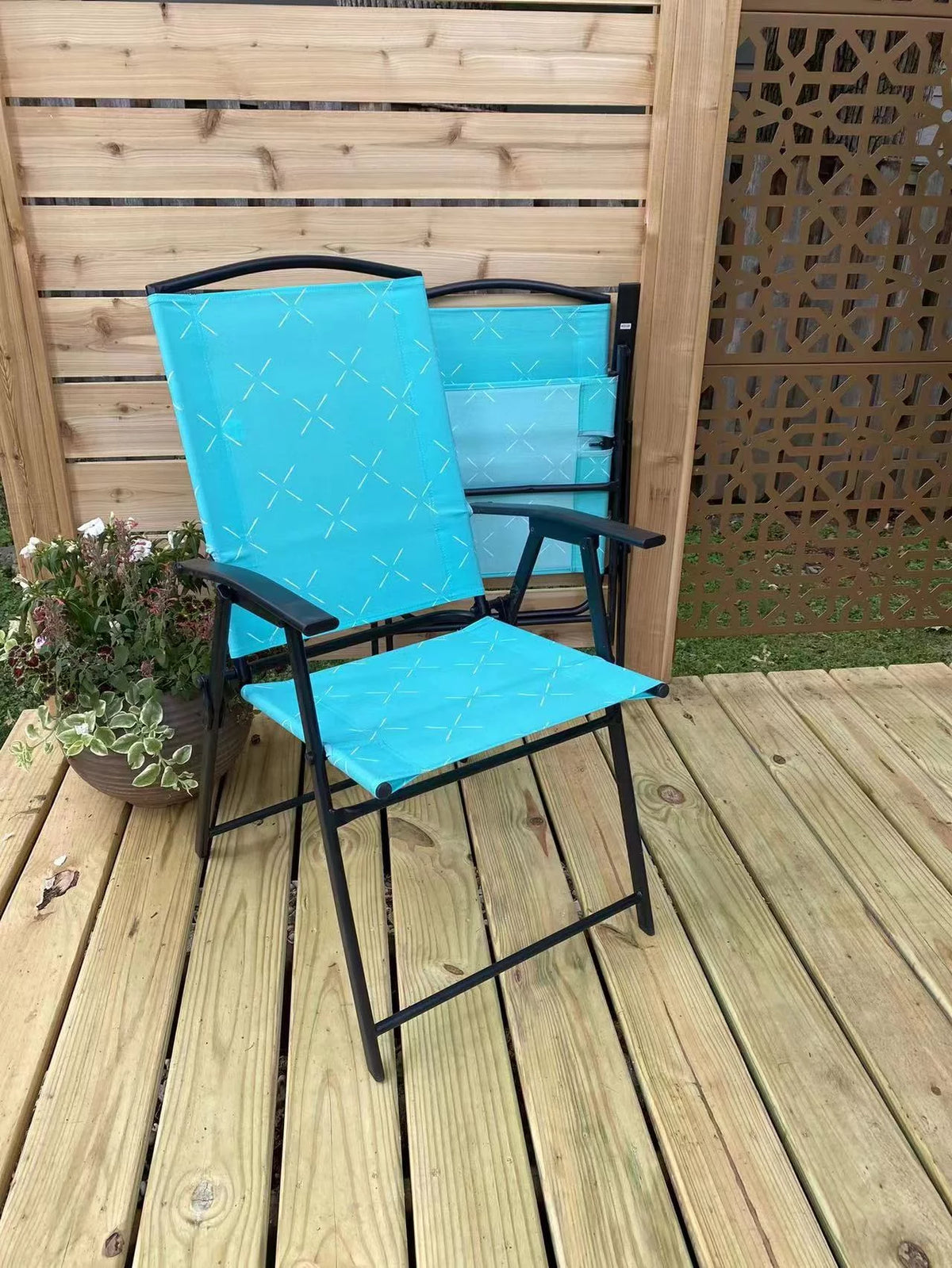6 Pcs Blue Steel Folding Outdoor Dining Set with Umbrella N9380