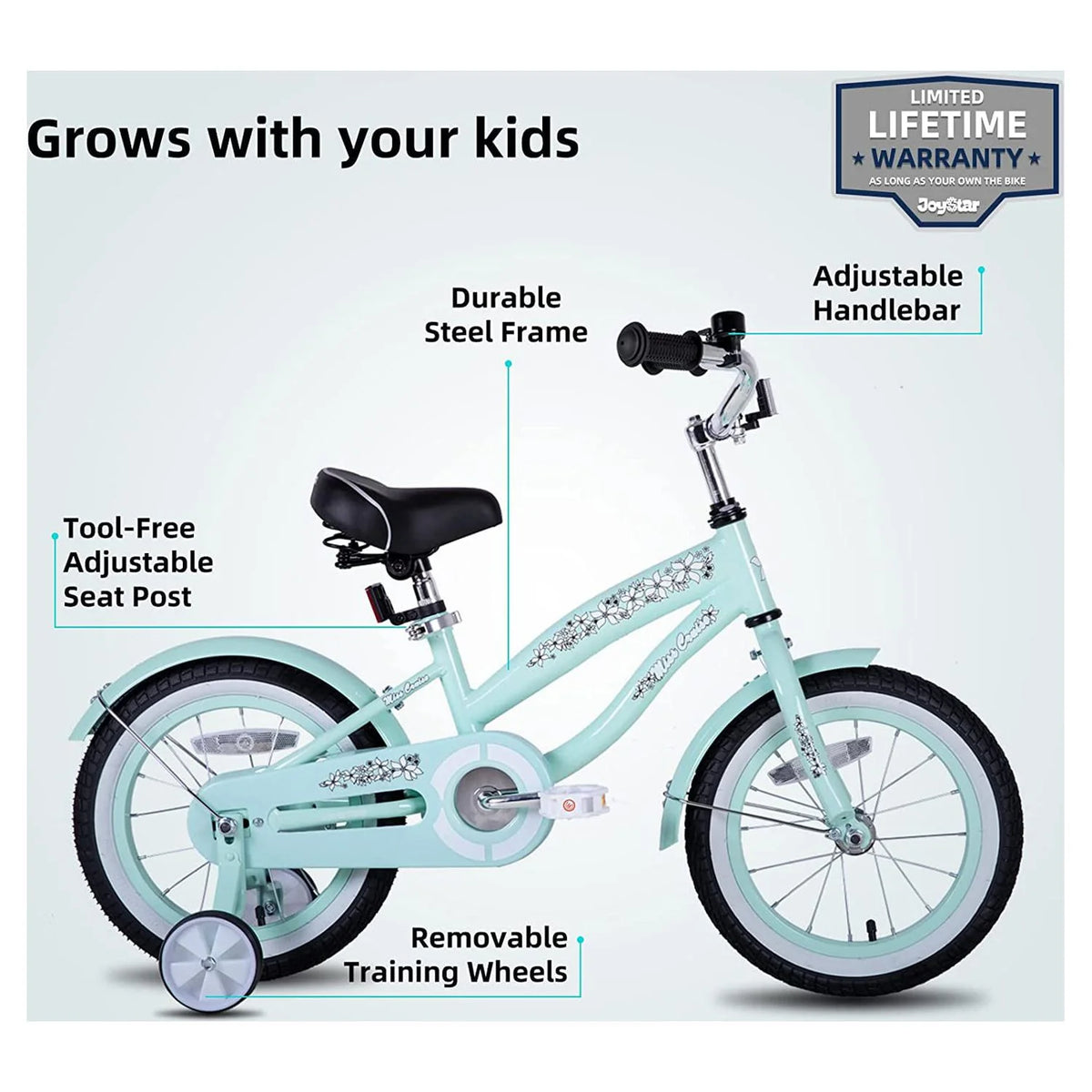 12 14 16 Kids Cruiser Bike with Training Wheels, Green J293
