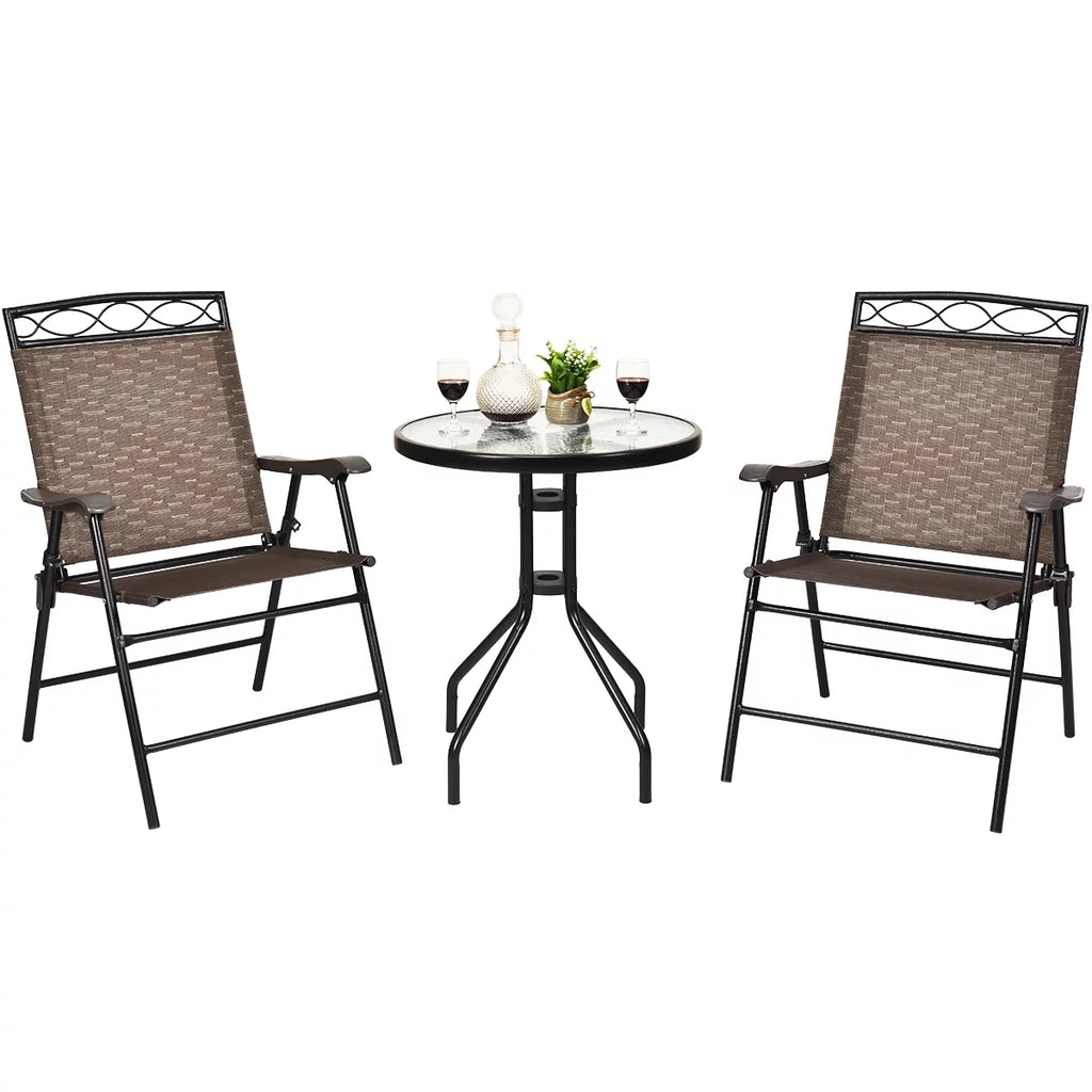 3 PCS Bistro Patio Dining Set with 2 Folding Chairs & Glass Table Q577705