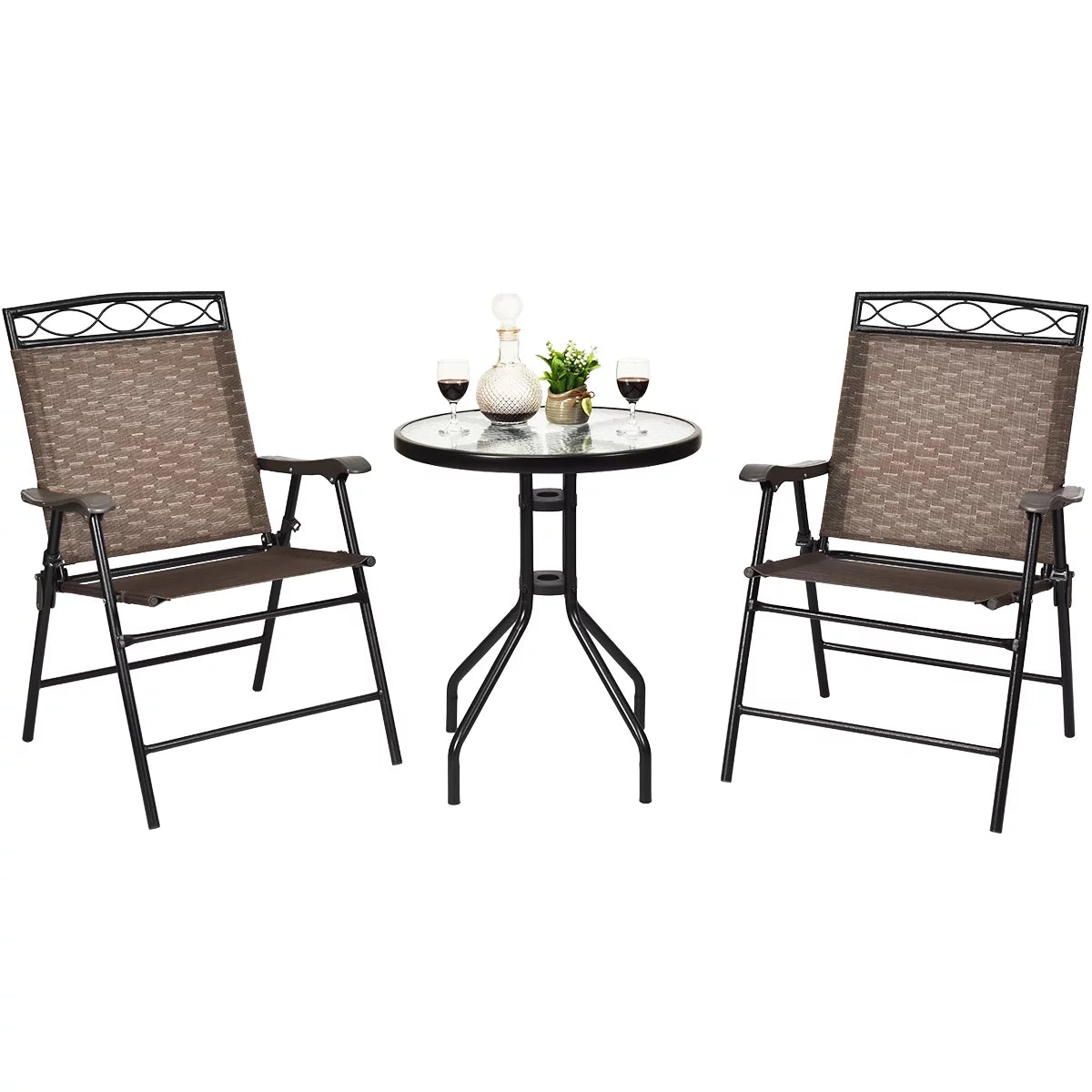 3 PCS Bistro Patio Dining Set with 2 Folding Chairs & Glass Table Q577705