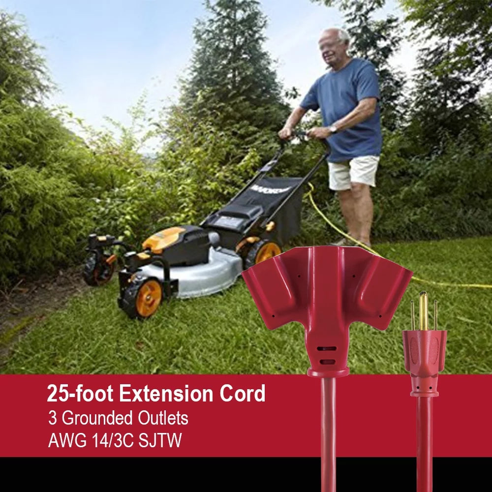 25FT 14AWG 3 Prong Red Triple Outlet Outdoor Extension Cord P46147