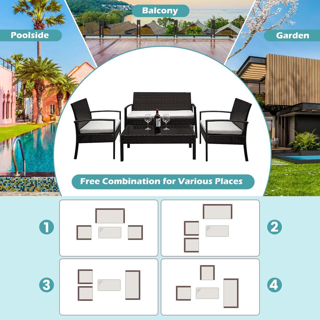 4 Pieces Rattan Cushioned Sofa Table Set E216199