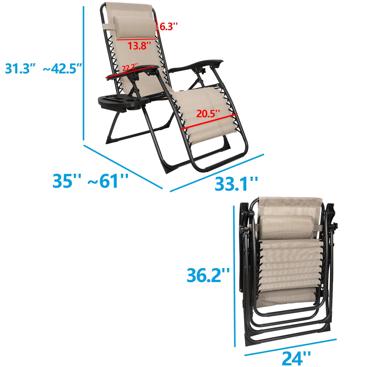 2 Pack Beige Steel Zero-Gravity Chair T781382