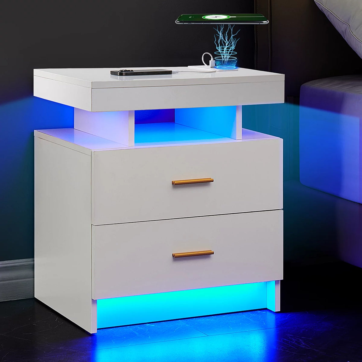 Black 2 Drawer LED Nightstand with Wireless Charging Station Z873334